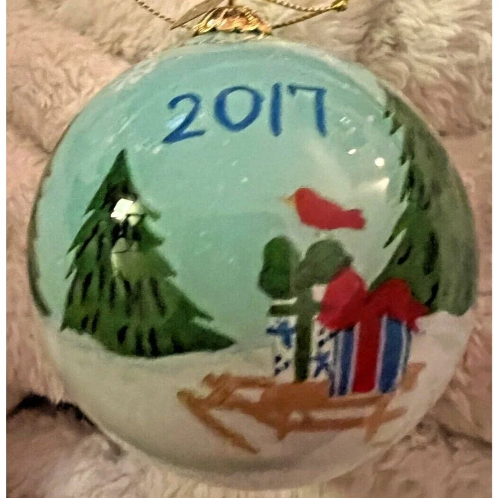 LI BIEN SNOWMAN ORNAMENT 2017 CHRISTMAS GLASS sled SNOWY TREES truck ball